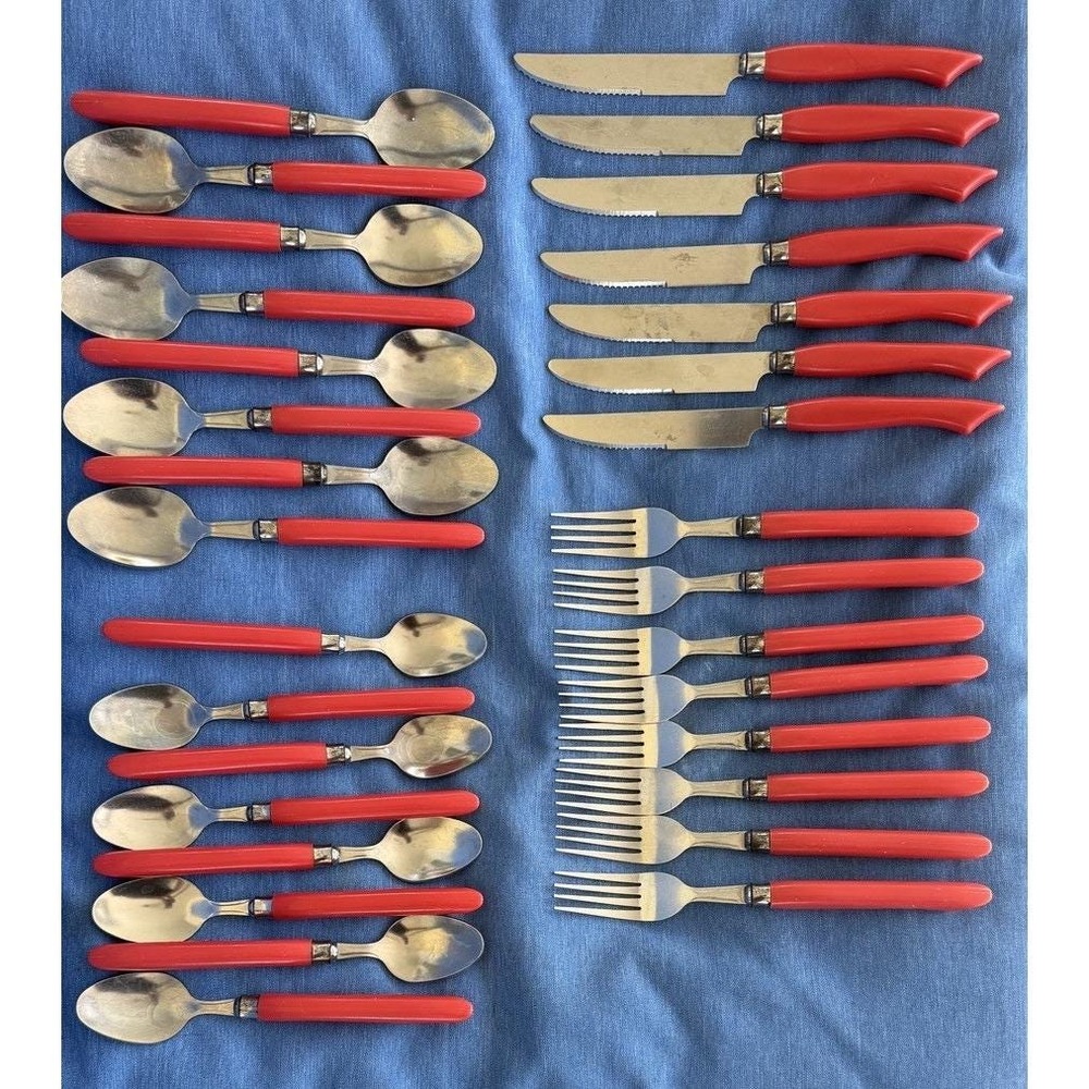 Vtg Coral Inspired MCM Red Bakelite 31 pc Flatware Fork Dinner Knife Coastal